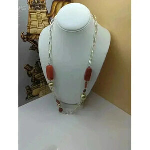 Gay Isber silvertone Chain Necklace With Red Metal Stone Beads 26 Inches